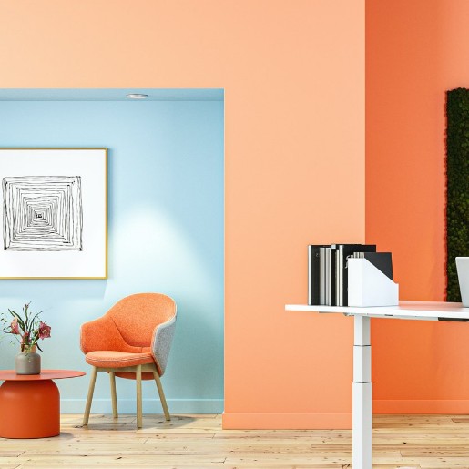 Bureau réglable en hauteur et fauteuil orange
